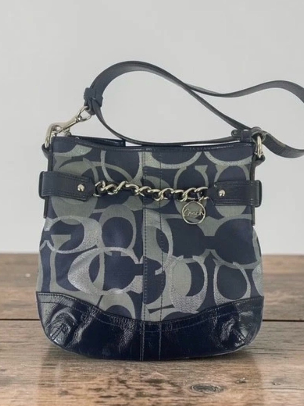 Coach Navy and Silver Signature Logo Crossbody with Chain Accent